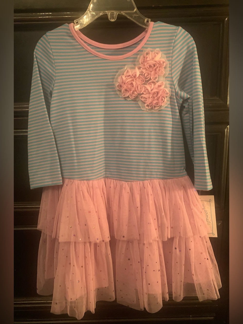 Pastourelle Turquoise Stripe and Pink Tulle Dress with Rosette